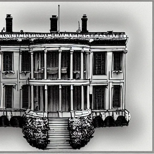 Prompt: white house in zork i, boarded front door, mailbox, kitchen window ajar, flatheadia, great underground empire, highly detailed, intricate, 8 k, self - aware ai renderer