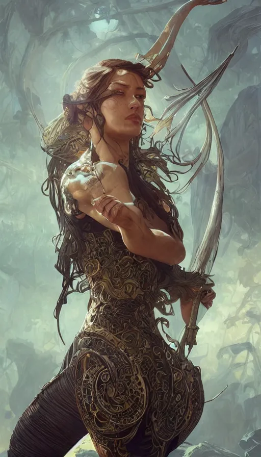 Image similar to huntress, fibonacci, sweat drops, insane, intricate, highly detailed, digital painting, artstation, concept art, smooth, sharp focus, illustration, Unreal Engine 5, 8K, art by artgerm and greg rutkowski and alphonse mucha