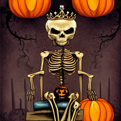 Prompt: a skeleton in a crown sitting on a chair surrounded by pumpkins, a storybook illustration by anne stokes, featured on deviantart, gothic art, behance hd, creepypasta, 2 d game art