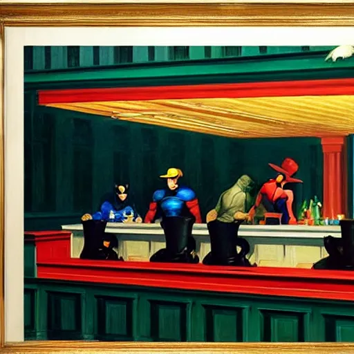 Image similar to 1942 oil on canvas painting by Edward Hopper, Nighthawks, Marvel Superheros