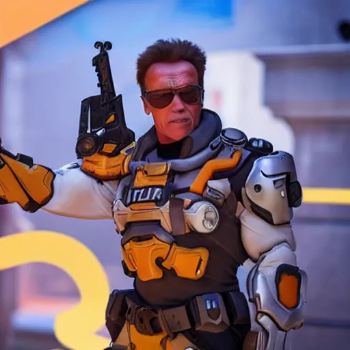 Image similar to a screenshot of arnold schwarzenegger as tracer in overwatch