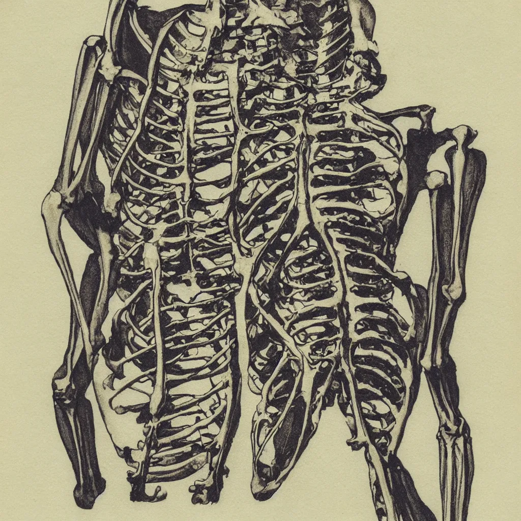 Image similar to vintage risograph of realistic skeleton
