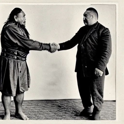 Prompt: a tattooed maori dignitary shakes hands with a 2 0 th century english caucasian industrialist, colorized 1 9 0 4 photo, kodak camera, historical event, credit the national archives of the united kingdom