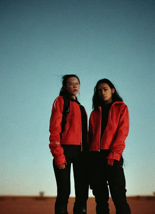 Image similar to cinestill 5 0 d photographic portrait of two loving female androids wearing rugged black techwear on a desolate plain with a red sky, extreme closeup, lizard on ground, cyberpunk style, in front of a brutalist dark metal facility, dust storm, 3 5 mm, 8 k, hd, f / 3 2, high resolution, ultra realistic faces