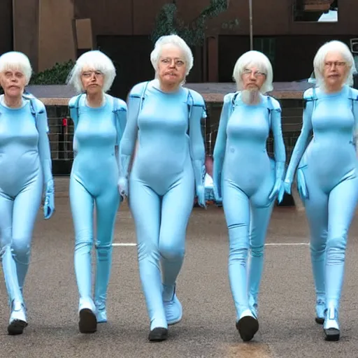 Image similar to troop 1 2 0 - year - old grannies with white bob hairdos, tight light blue latex body suits, futuristic cloning facility, sci - fi, highly detailed, cinematic