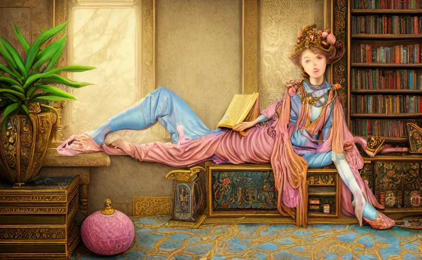 Prompt: a detailed fantasy pastel portrait of a female wizard in ornate clothing lounging on a purpur pillow on the marble floor in front of her bookcase in a room, reading an ancient tome. to the side is a potted plant and some blue candles. ancient retrofuturistic setting. 4 k photorealism key art, raytracing in the style yoshitaka amano and rembrandt.