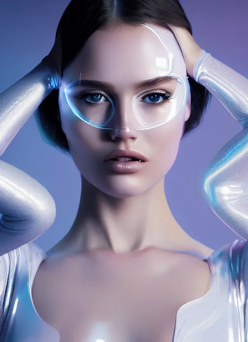 Prompt: an energetic nubile young woman with sparkles in her eyes and long hair, wearing futuristic white latex bodysuit and mask, clear skin, elegant, graceful, fashionable, cinematic, hyperdetailed illustration by irakli nadar and alexandre ferra, depth of field, global illumination,