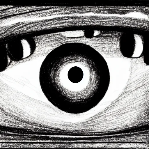 Image similar to a drawing of three realistic eyes floating over a mountain, black and white, vintage poster, film grain