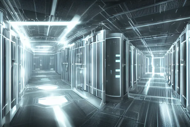 Image similar to parallax datacenter server room interior single mono colossus white rusty android guest robosaurus alarm artstation cinematic detailed concept art volumetric light sharp coherent cgsociety symmetric perfect well balanced shadows lotr servers