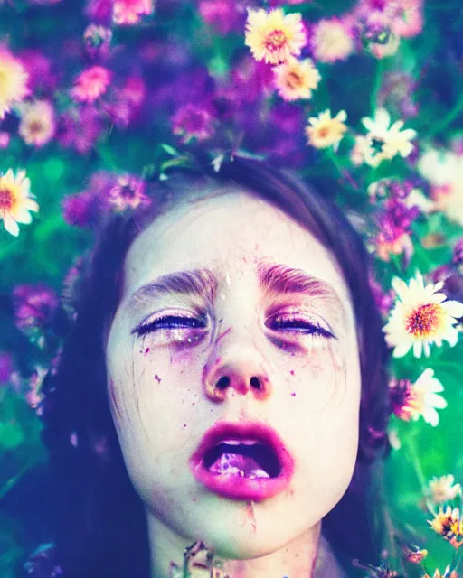 Prompt: oversaturated, burned, light leak, expired film, photo of a girl's crying face surrounded by crowded flowers