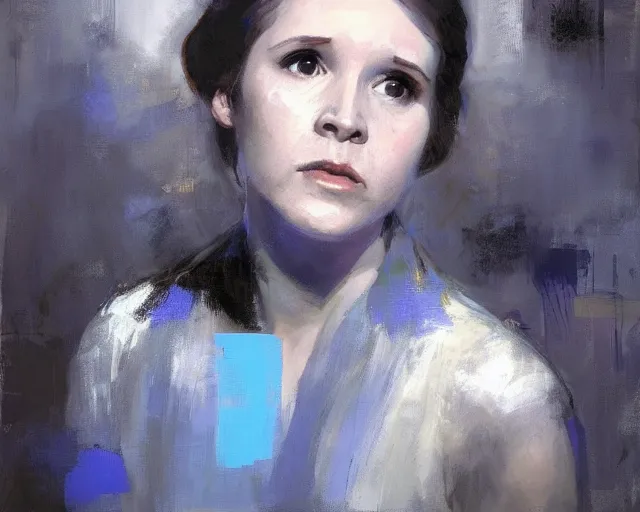 Image similar to portrait of young leia young carrie fisher 1 9 7 7 in shades of grey but with blue by jeremy mann