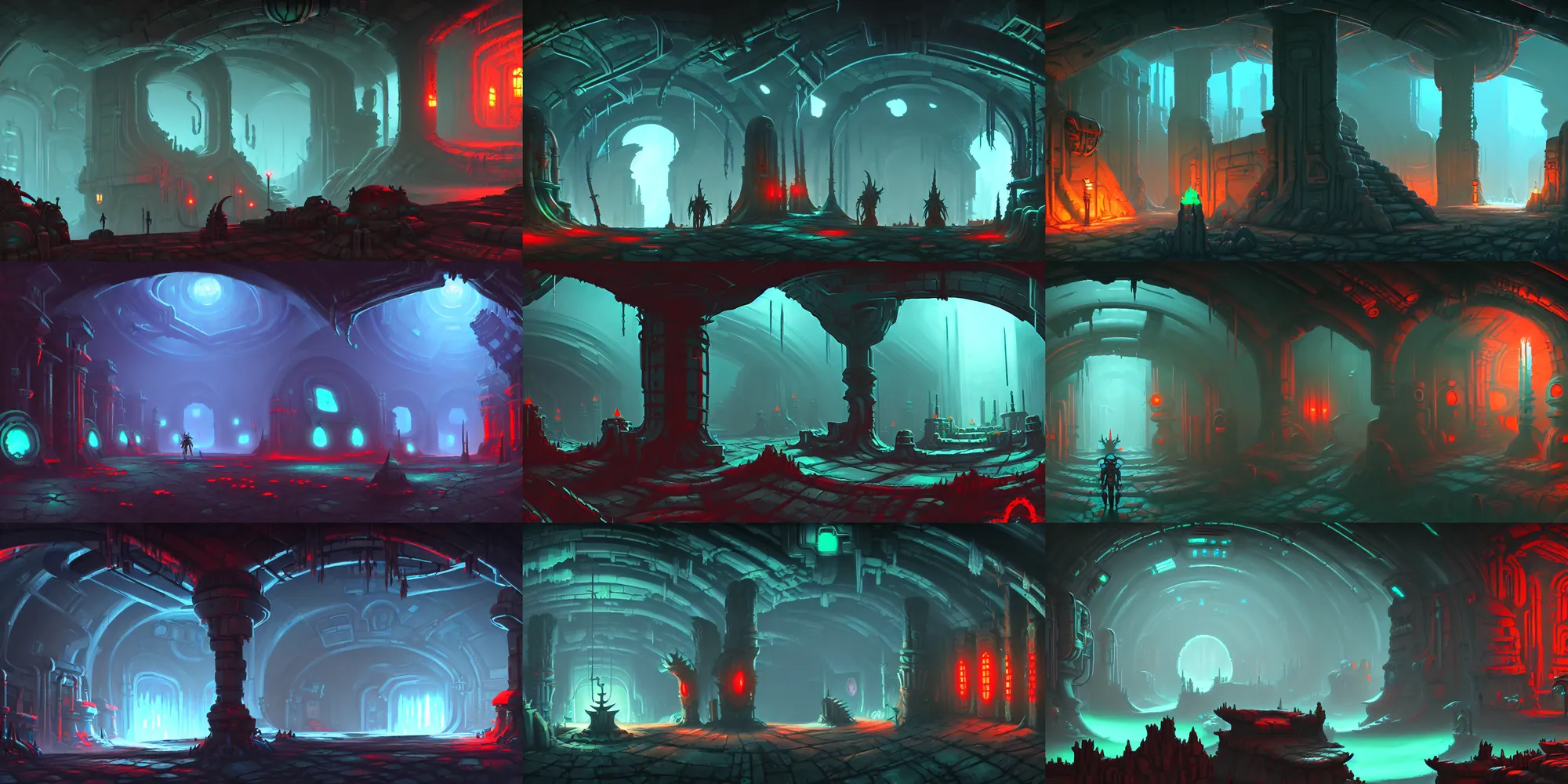 Prompt: game asset ori parallax underground scifi dungeon interior environment, studio ghibli, catacombs, matte painting, h. r giger, in gouache detailed paintings, props, stylized, 2 d sprites, kitbash, arcane, overwatch, blue and red, green color scheme, 8 k, close up