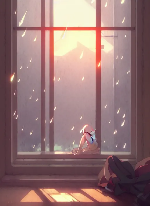 Prompt: interior, near the window, rainy outside, illustration concept art anime key visual trending pixiv fanbox by wlop and greg rutkowski and makoto shinkai and studio ghibli