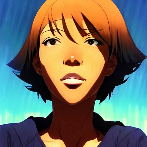 Image similar to portrait of a joyfull black girl with short hair. By makoto shinkai, by leiji Matsumoto, by Julie Bell