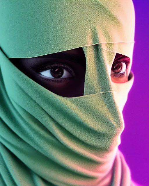 Image similar to Saudi woman wearing a niqab starring at the camera, neutral face, 4k, pastel colours, greek sculpture, by beeple, album cover, accurate