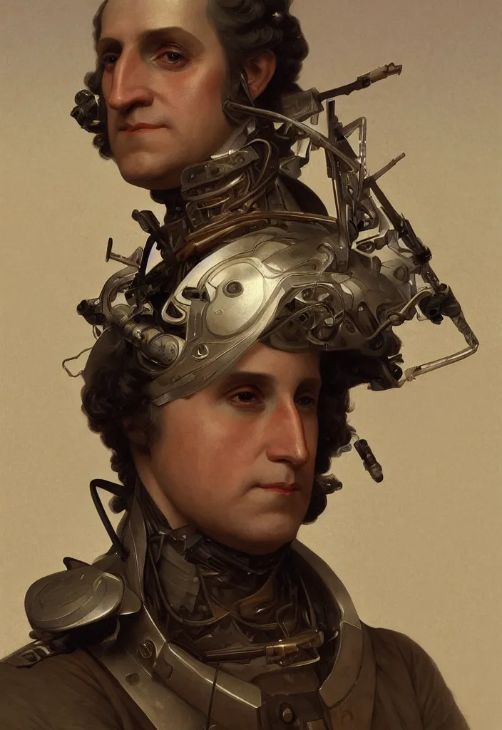 Prompt: a portrait george washington as a cyborg, intricate, war torn, highly detailed, digital painting, emotional, artstation, concept art, smooth, sharp focus, illustration, art by artgerm and greg rutkowski and alphonse mucha and william - adolphe bouguereau