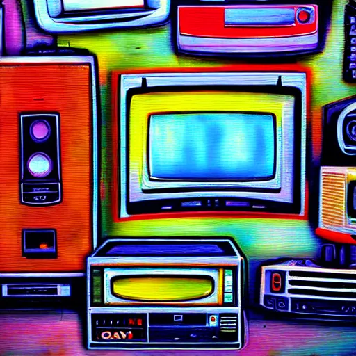 Prompt: array of crt televisions made out of cars, tv static, blob, technology, antenna, stacked, junkyard, polaroid, steroids, adult video store, impressionist painting, painting, acrylic painting, cell shaded