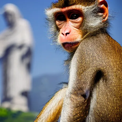 Image similar to high quality portrait of a monkey in front of Christ The Redeemer, studio photograph, photograph, realistic photo, 8k photo, 4k photo, stock photo, high resolution, cinematic shot, high detail