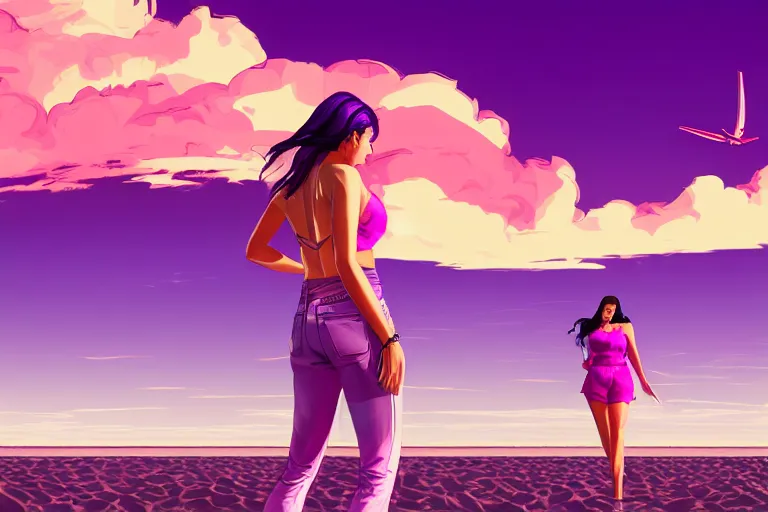 Prompt: a stunning GTA V loading screen with a beautiful woman with ombre hairstyle in purple and pink blowing in the wind at the beach, outrun, vaporware, palm trees, retro, beautiful sky with cumulus couds, digital art, trending on artstation