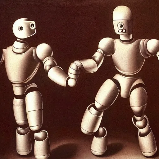 Image similar to robots holding hands by caravaggio