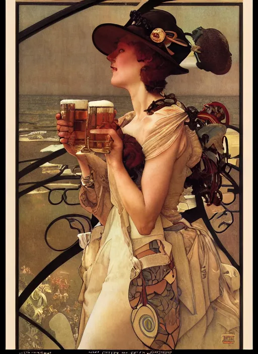 Image similar to beer advertisement by mucha, norman rockwell extremely coherent, sharp focus, elegant, render, octane, detailed, award winning photography, masterpiece, rim lit