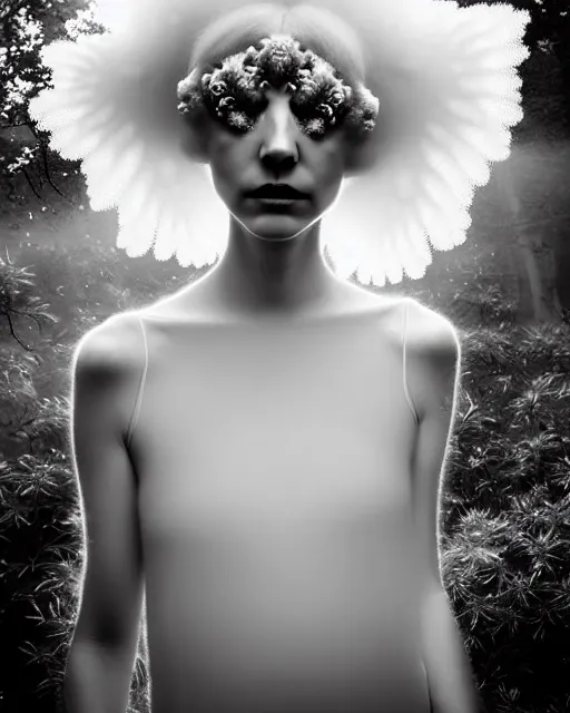 Image similar to dreamy foggy soft luminous bw art photo taken in 2 1 0 0, beautiful spiritual angelic biomechanical mandelbrot fractal albino girl cyborg with a porcelain profile face, very long neck, halo, white smoke atmosphere, rim light, big leaves and stems, fine foliage lace, alexander mcqueen, art nouveau fashion pearl embroidered collar, steampunk, elegant