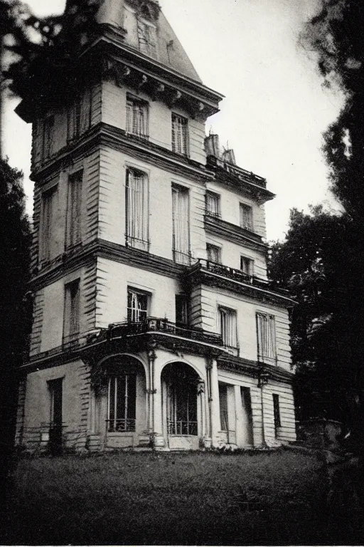 Prompt: Black and white camera obscura image of creepy mansion, 1910s paris, scary, horror, dark mood