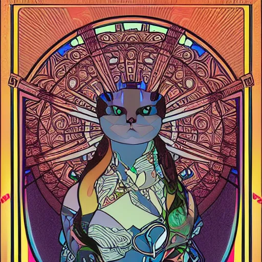 Prompt: Cybernetically-enhanced cat god. Synthwave. temple. 8k resolution, extremely detailed, digital illustration. Poster by alphonse mucha.