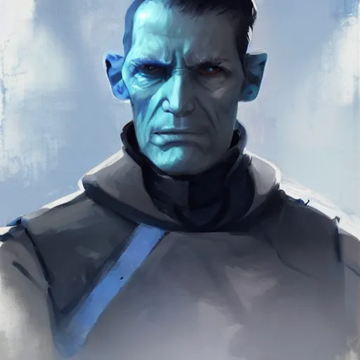 Prompt: portrait of a man by greg rutkowski, great admiral thrawn from star wars, blue skin, short black hair in military style, tall, star wars expanded, universe, he is about 5 0 years old, wearing white colored imperial admiral uniform, artstation hq