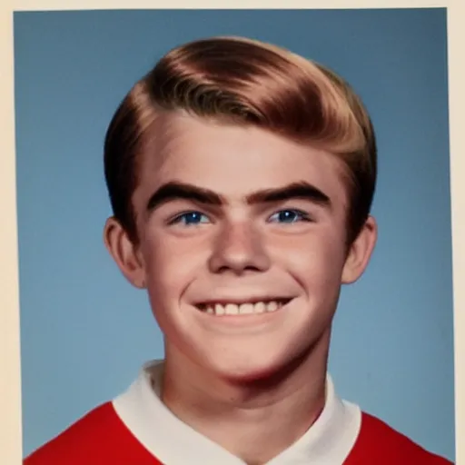 Image similar to a high school senior yearbook photo of Archie Andrews from 1966, in color