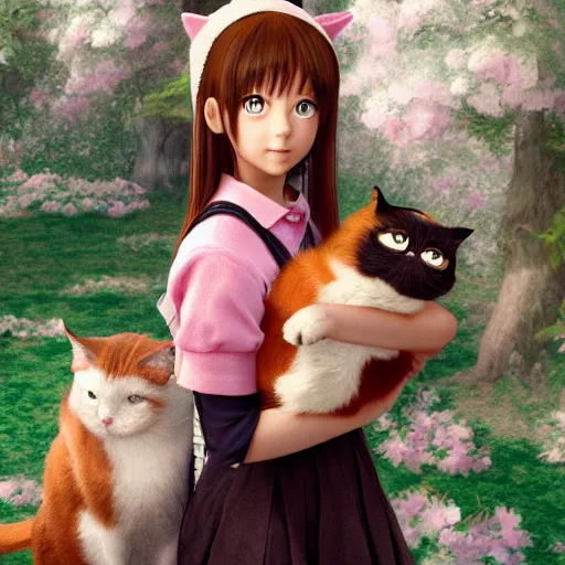 Image similar to Manga cover portrait of an extremely cute and adorable beautiful girl holding an extremely grumpy cat, 3d render diorama by Hayao Miyazaki, official Studio Ghibli still, color graflex macro photograph, Pixiv, DAZ Studio 3D