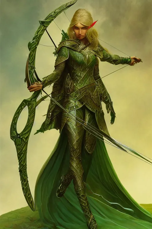 Prompt: male elven Archer armor made of green leaves, fantasy, amber eyes, face, long hair, intricate, elegant, highly detailed, digital painting, artstation, concept art, smooth, sharp focus, illustration, art by artgerm and greg rutkowski and alphonse mucha