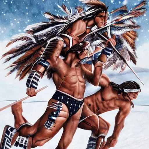 Image similar to majestic native americans fighting cyborg white men in a snowy field, art by neave bozorgi, styled like neave bozorgi, hyper realistic,