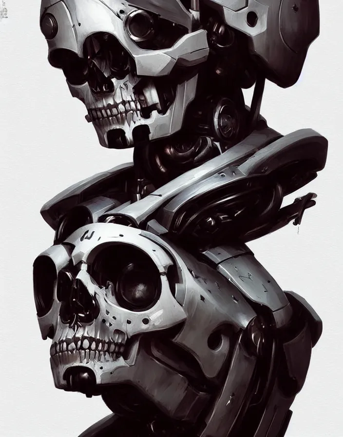 Image similar to skull - headed robot cyborg painting, illutstration, concept art, cyberpunk, futurism, comics art, artgerm, full body shot, wide angle