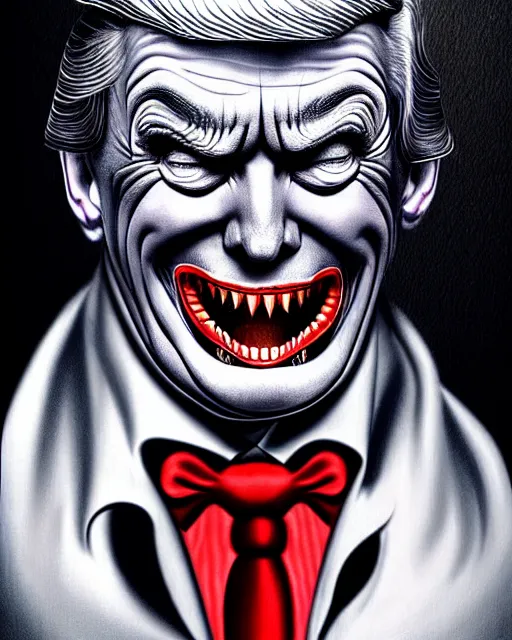Image similar to donald trump as dracula with fangs out, character portrait, close up, concept art, intricate details, hyperrealism, photorealistic, in the style of otto dix and h. r giger