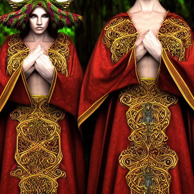 Prompt: beautiful druid ornate robes, highly detailed, 4 k, hdr, smooth, sharp focus, high resolution, award - winning photo, anne stokes, photorealistic, hyper realistic