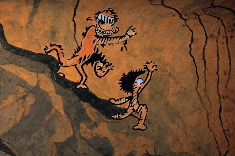 Prompt: calvin and hobbes in cave painting style