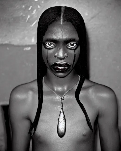 Image similar to ancient nilotic african androgynous vampire woman with demonic eyes, photograph, 3 5 mm film