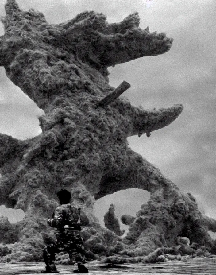 Image similar to a filmstill of a north korean monster movie, kaiju - eiga monster starfish - like trampling a traditional korean palace, foggy, film noir, epic battle, etheral, explosions, communist starfish, thriller, by akira kurosawa and robert eggers, video compression