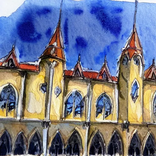 Prompt: watercolor sketch of gothic revival architecture concept, airport, warm, tasteful, lively