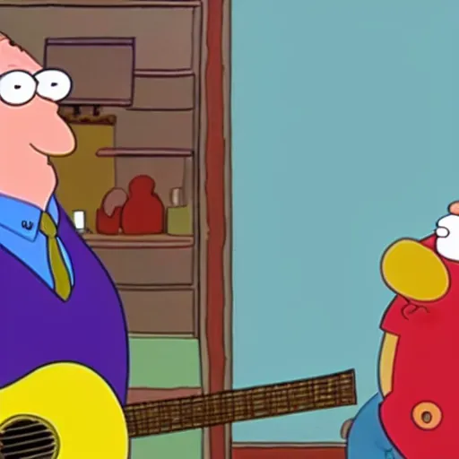 Prompt: bert jansch playing guitar next to peter griffin in family guy