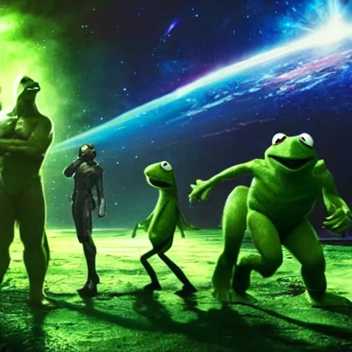 Image similar to the avengers battle one kermit the frog in space, galaxy, hd, 8 k, explosions, gunfire, lasers, giant, epic, showdown, colorful, realistic photo, unreal engine, stars, prophecy, epic oil painting, powerful, diffused lighting, destroyed planet, debris, justice league, movie poster, violent,