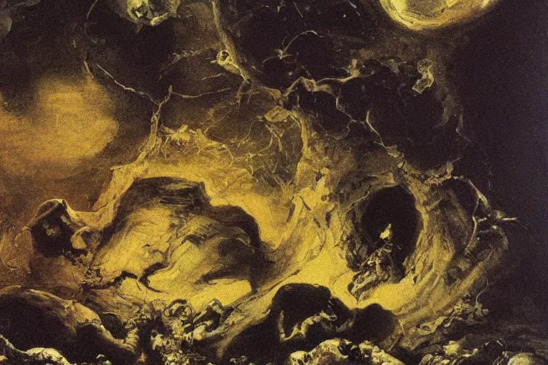 Image similar to the earth eats itself, detailed baroque oil painting, dark, disturbing by goya and alan lee, smoke, hell on earth