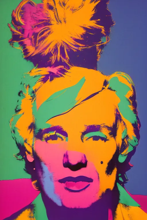 Image similar to colorful portrait of andy warhol, bloom flowers, modern, eclectic, illustration, studio lighting, matte background, by ramon casas