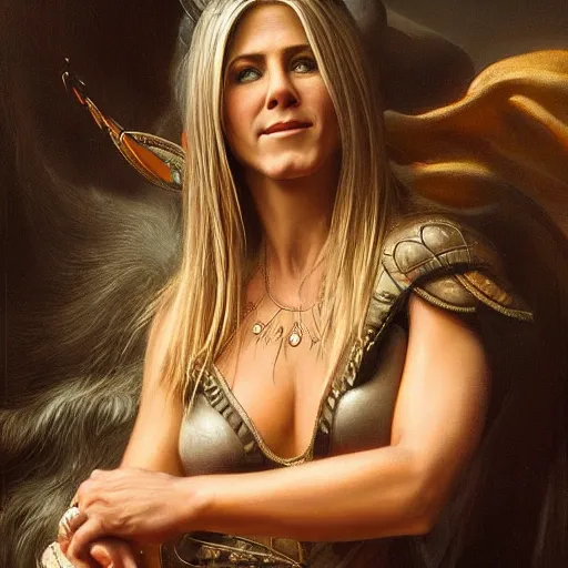 Image similar to the portrait of jennifer aniston as amazon in an intricate dress by roberto ferri, fantasy, witcher, very detailed oil painting, masterpiece, 8 k