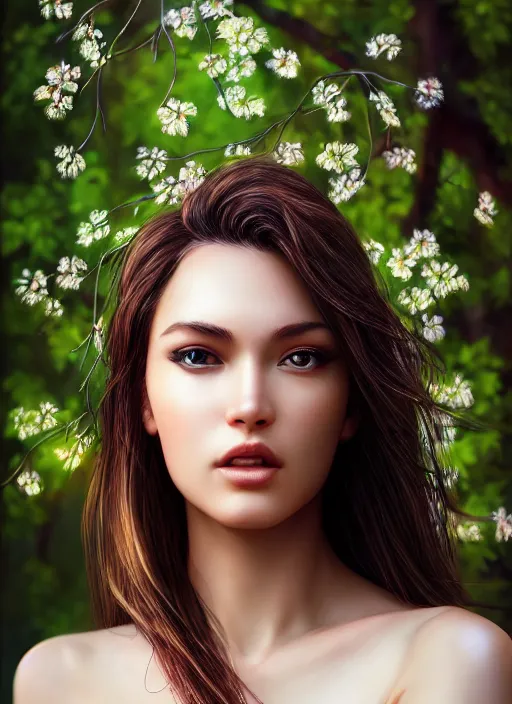 Prompt: photo of a gorgeous female in the style of stefan kostic, realistic, half body shot, sharp focus, 8 k high definition, insanely detailed, intricate, elegant, art by stanley lau and artgerm, extreme bokeh light spring foliage