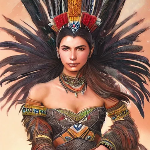 Image similar to a beautiful female aztec warrior wearing a futuristic crown of very long quetzal feathers, by riccardo federici, xin haicheng, and artgerm, with a perfect body and perfectly positioned face, strong jawline and flowing dark hair, brown eyes, fair skin, global illumination h - 7 0 4