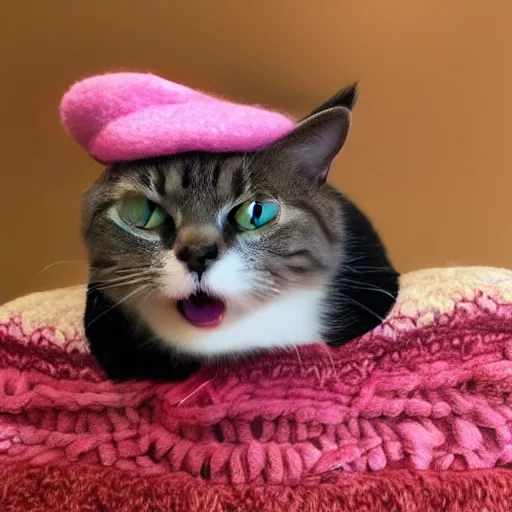 Image similar to cute cat with tongue photo wearing wool hat doing mlem cat ears