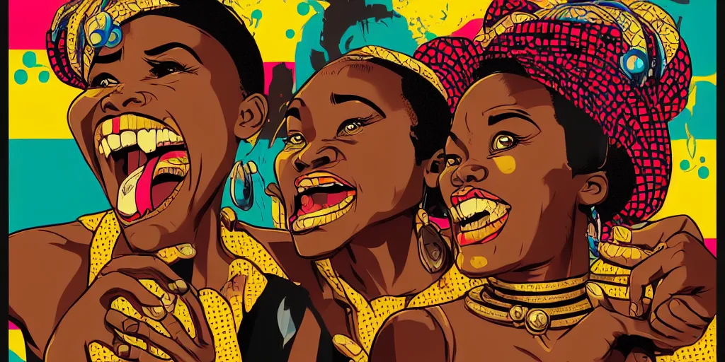 Image similar to mama africa laugh at her child!!! pop art, pixel, bioshock, gta chinatown, artgerm, richard hamilton, mimmo rottela, julian opie, aya takano, intricate, sharp focus, concept art, smooth, focus on details