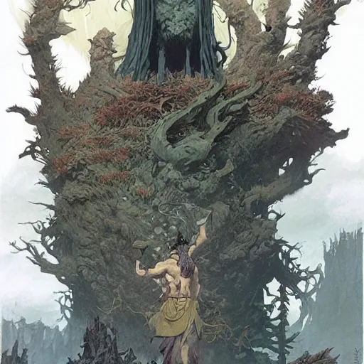 Image similar to a druid at the beginning of the world by alan lee and peter mohrbacher and frank frazetta and mike mignola